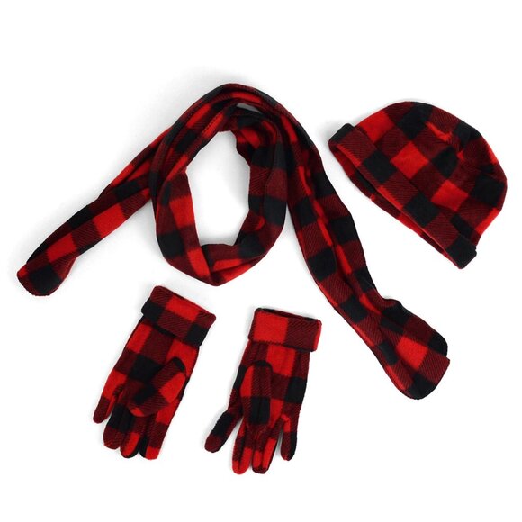 Women's Fleece Winter Hat Scarf & Gloves Set Tartan Plaid Matching Outfit 3-Pc - Picture 5 of 6